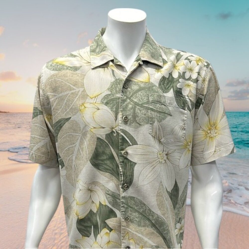 Tommy Bahama 100% Silk Cream Green Yellow Floral Hawaiian Luau Aloha Shirt LG